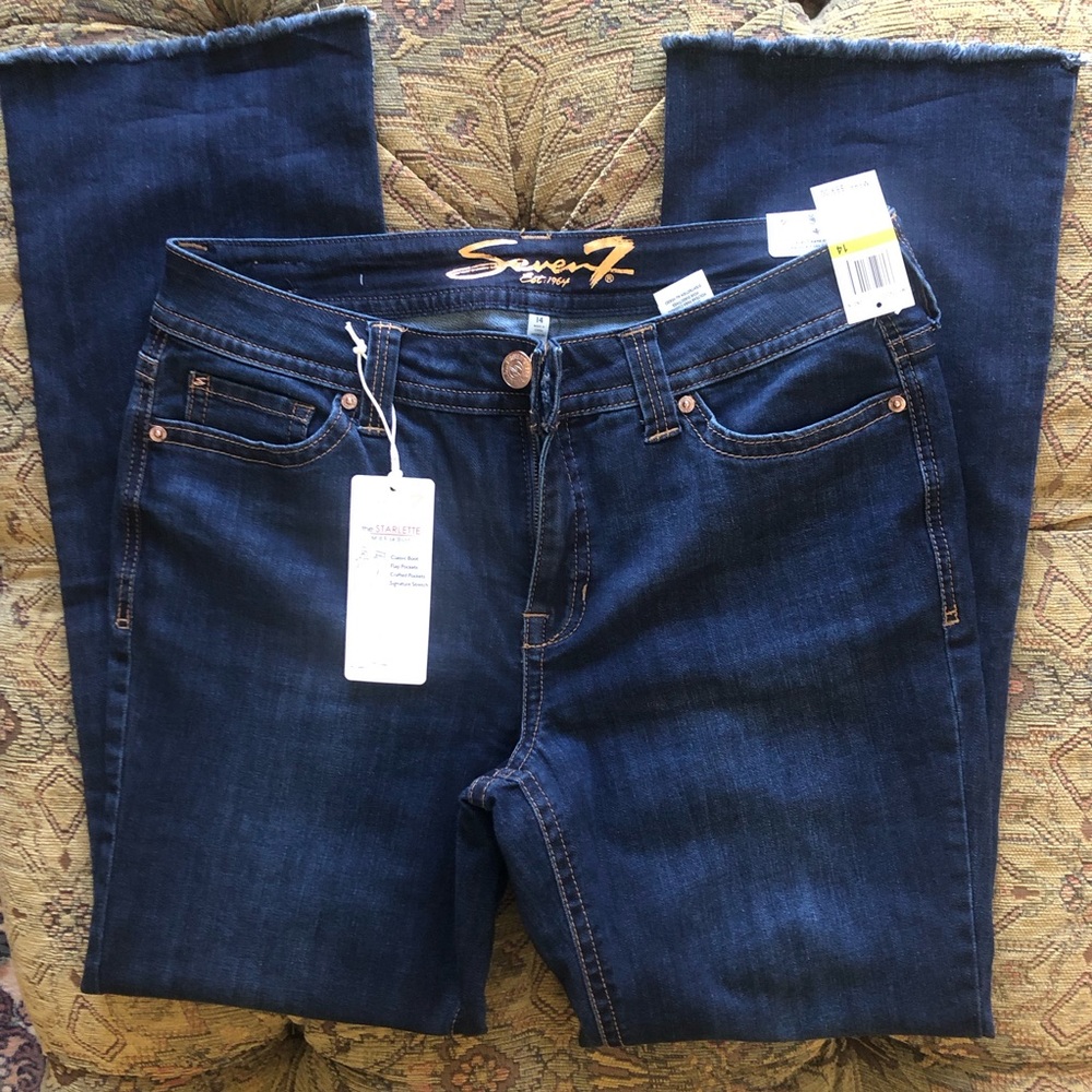 NWT Seven7 Dark Wash Bootcut Jeans Size 14 Mid-rise Starlette Flap Back Pockets